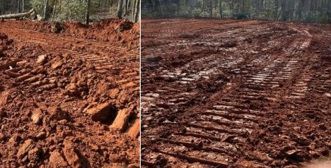 Freshly graded red clay homesite with dozer tracks
